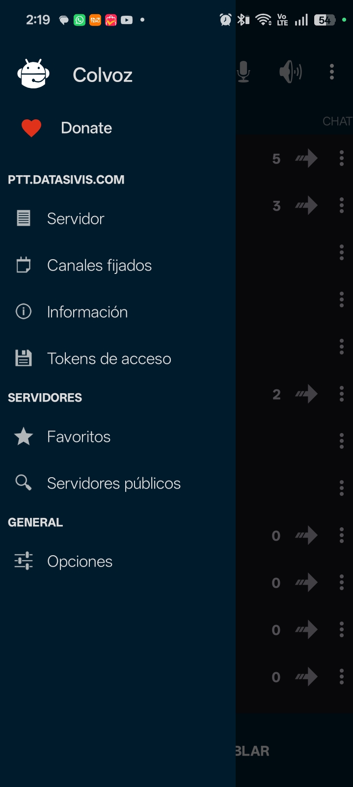 Pantalla de inicio Colvoz PTT